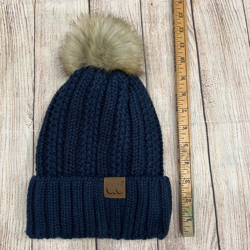 CC‎ Exclusives Kids Navy Blue Cable Knit Beanie Faux Fur Pom Fuzzy Lined Hat